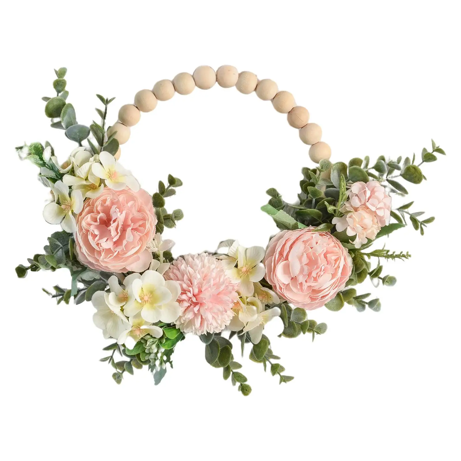 Artificial Peony Wreath Faux Floral Wreath Spring Wreath Wooden Bead Valentine Wreath for Door Bedroom Wedding Decor