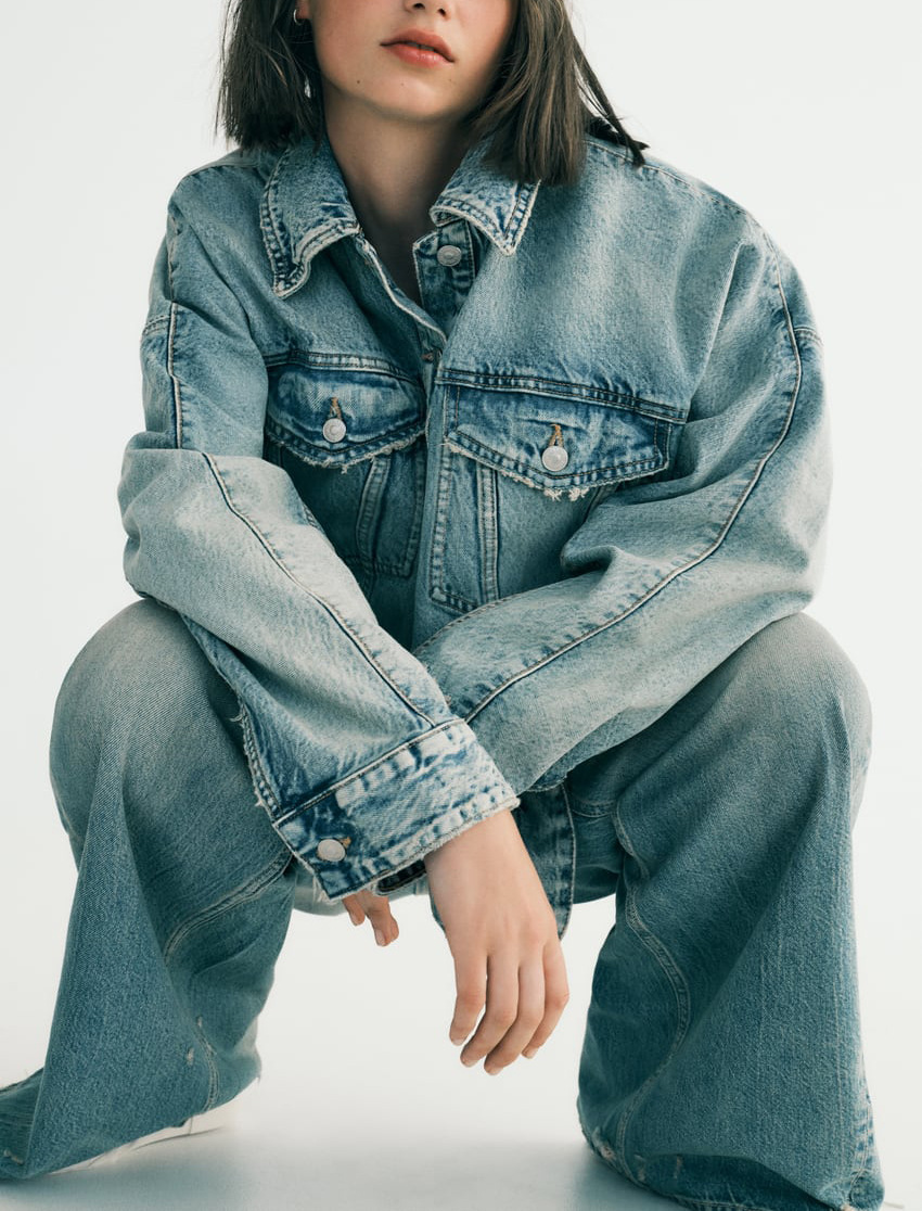 Autunno Donna Giacca di jeans oversize Jeans a gamba larga Abito con risvolto Maniche lunghe Giacca di jeans Cappotto Jeans strappati a gamba larga a vita bassa_voghion.com