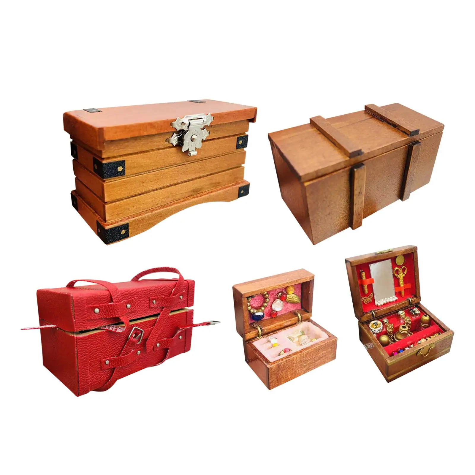 1:12 Doll House Retro Wooden Treasure Chest Mini Model Furniture Accessories Durable Simulated Landscape Jewelry Case Organizer