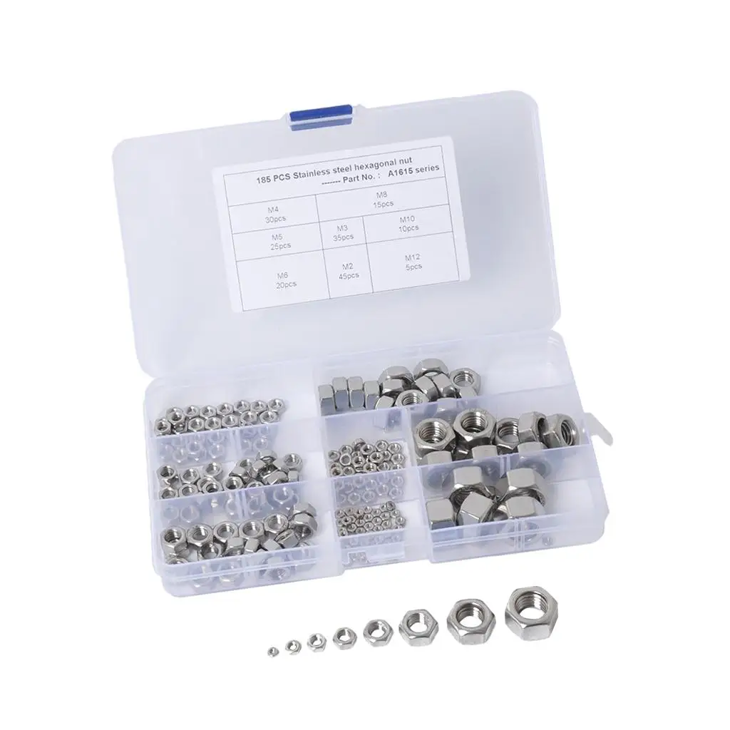 185pcs Metric M2 M3 M4 M5 M6 M8 M10 M12 304 Stainless Steel Nut in the Case