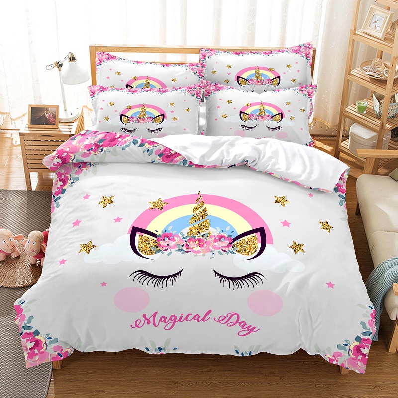 Juego de ropa de cama de dibujos animados para niños, funda de edredón de unicornio, doble, decoración de habitación de niñas, funda de edredón de animales lindos, diseño de moda