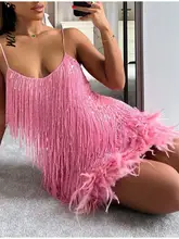 Sexy Women's Fringed Sequin Feather Stitching Dress 2022 Summer Slim V-Neck Off Shoulder Dresses Female Backless Slip Mini Robe