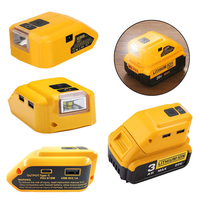 USB Adapter with 140lm LED Work Light for Dewalt 18V 20V Li ion