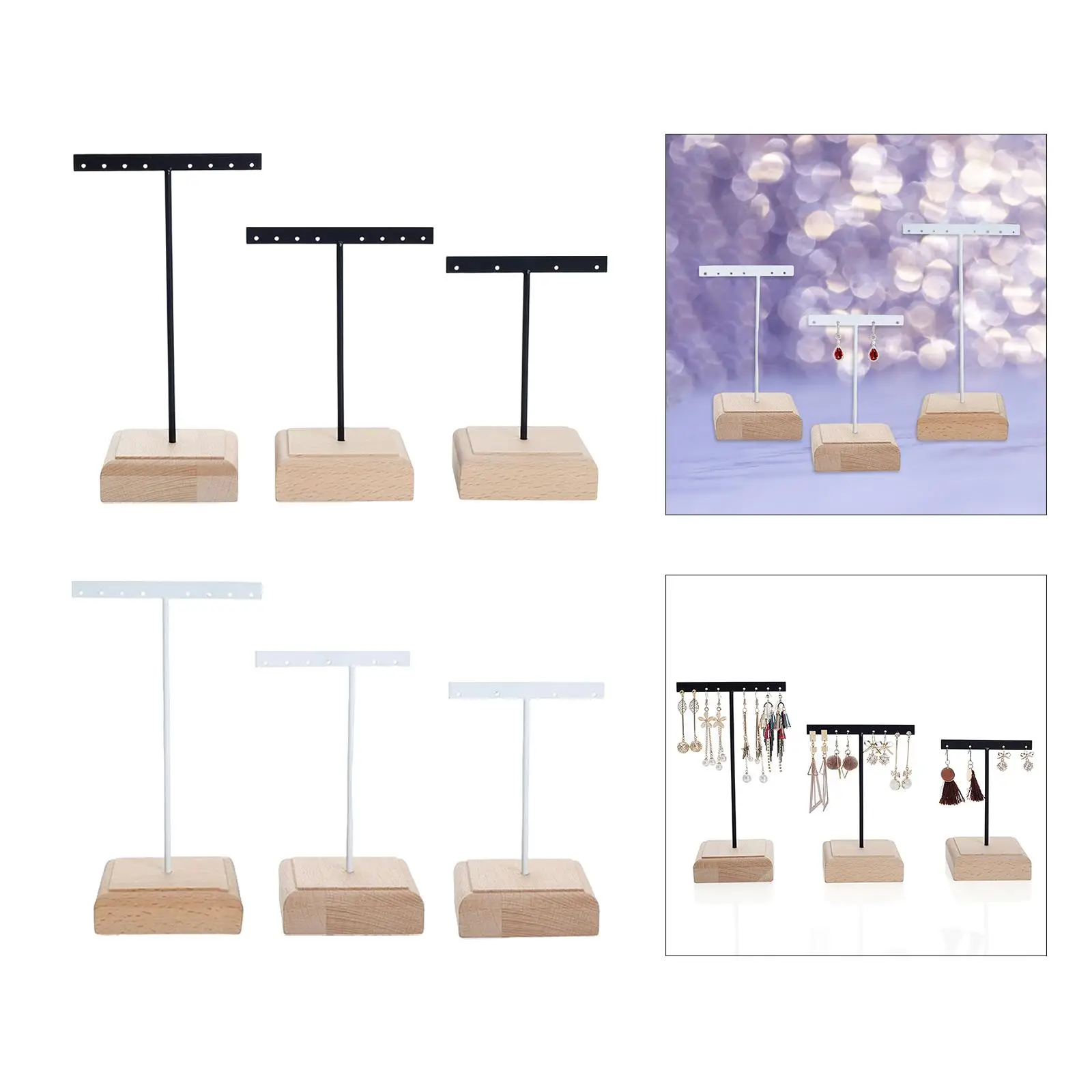 3 Pieces T Bar Earrings Display Stand Wooden Base Hanging Rack Jewelry Organizer for Bangles Selling Retail Showroom Show Shops