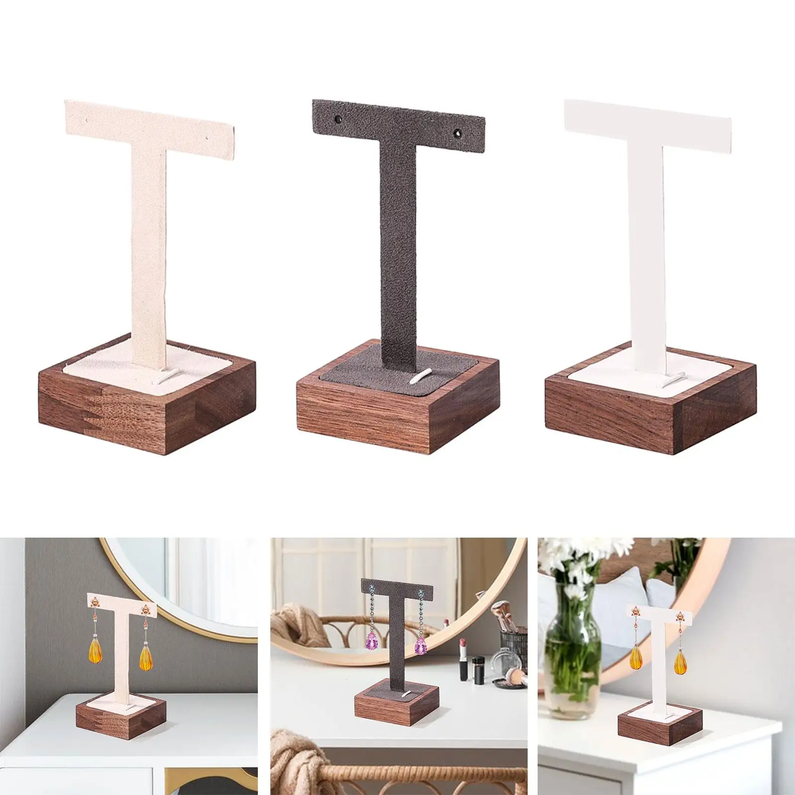 Earring Display Stand T Bar Dangling Earring Display Rack with Wooden Square Base Jewelry Organizer for Home Vanity Tabletop