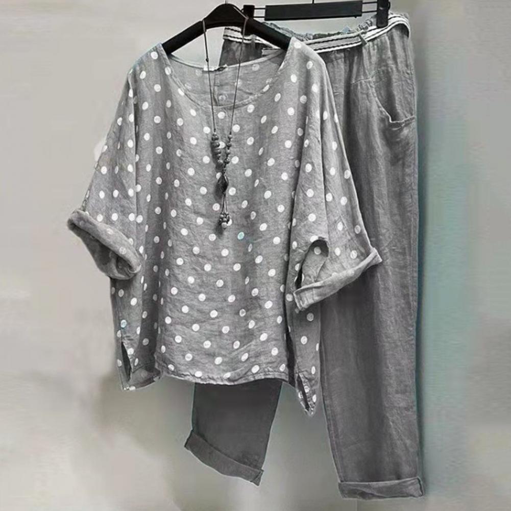 mulheres, meia manga, blusa gola O, calças casuais, roupa de verão