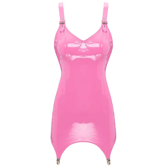 Women's Patent Leather Open Breast Cupless Bodycon Dress with Metal Clips  Latex Mini Dress