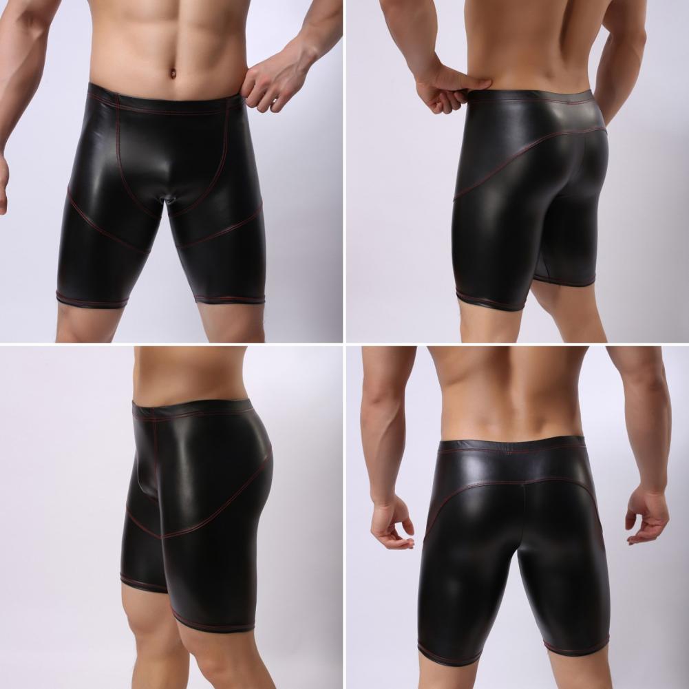 Description Picture 3 of itemSexy Mid-rise U Convex Men Panties Fine Sewing Stitching Hip Lifting Skinny Sexy Solid Color Faux Leather Male Shorts Underpants