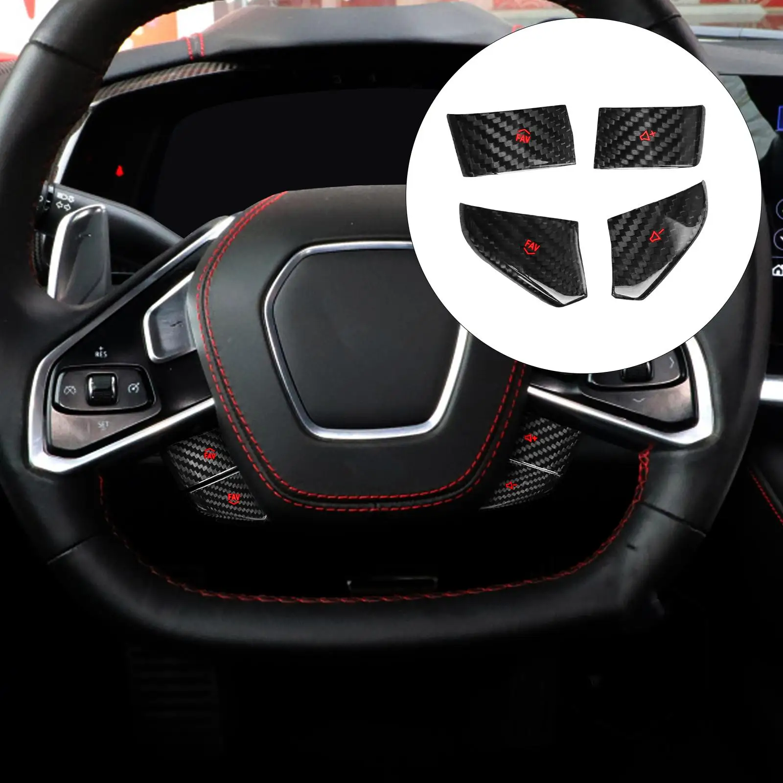 4Pcs Auto Steering Wheel Button  Set Carbon Fiber Car Interior Volume Button Cover  for C8 Decor Accessories