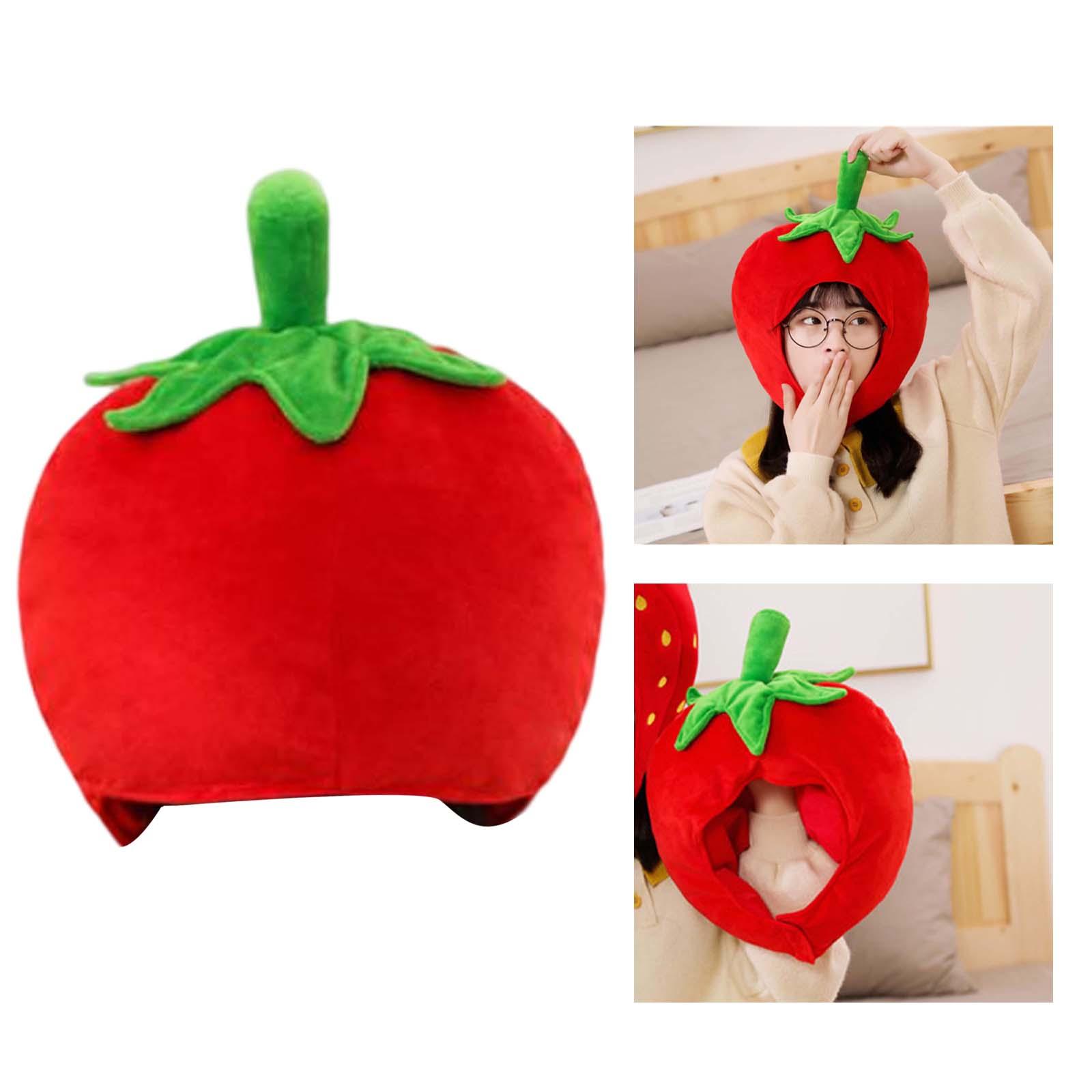 Cute Strawberry Headgear Comfortable Plush Doll Hat Adjustable Soft Head Cover Hat for Halloween Party Birthday Holiday Gifts