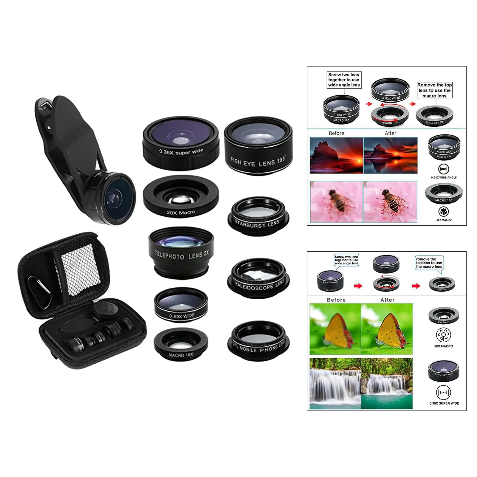 9 in 1 Phone Lens Kit 2x Macro Lens 0.63x Wide Angle 0.36x Wide Angle 15x Macro Lens Cpl with Clip for Smartphones
