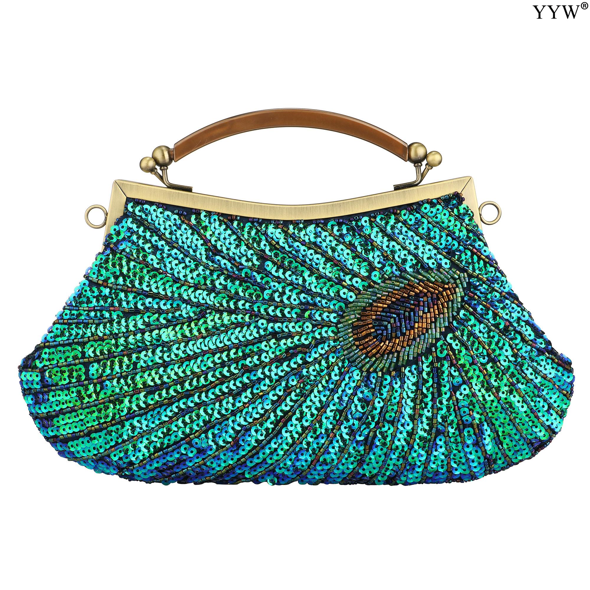 Gelory Peacock Clutch Bags For Women, Vintage Sequin Handbag Gifts Catching Purse Ladies Bags Jade Crystal Evening Bag