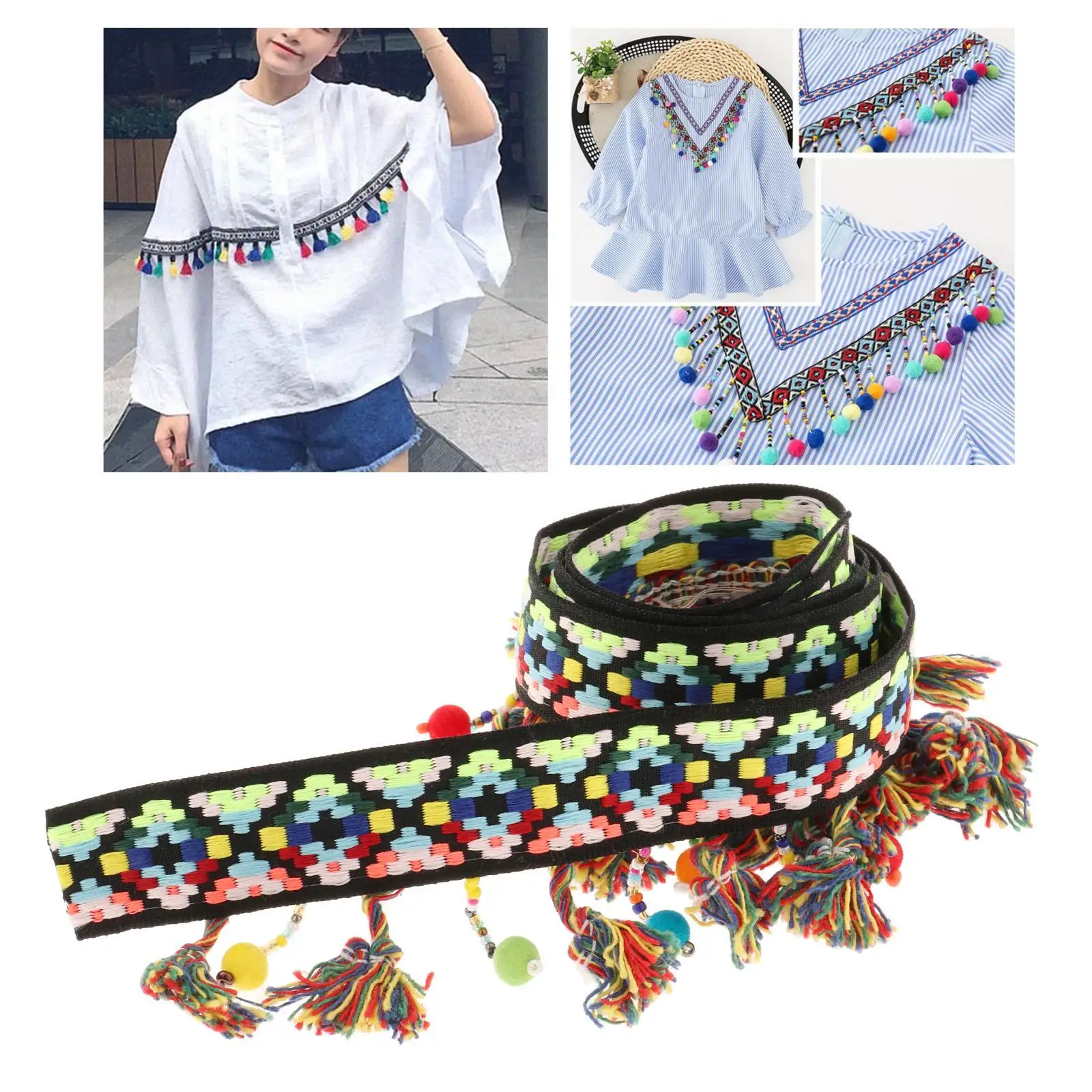 Colorful Tassel Embroidered Lace Trim 2.5cm Width Vintage Cross Stitch Trim DIY Webbing Trim for Sewing Craft DIY Clothes Belts