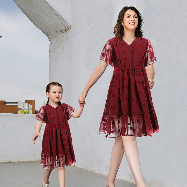 Summer V-neck Mother Daughter Dresses Women Girls Short Sleeve