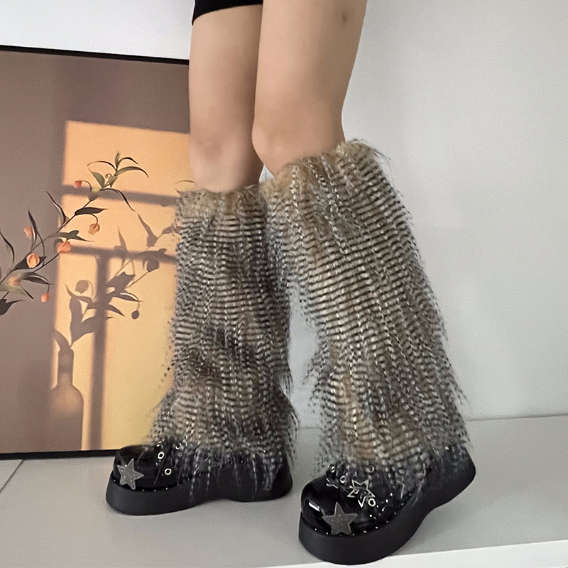 Y2K Goth Furry Faux Fur Women Leg Warmers Boot Covers Harajuku Lolita Girls Punk Fashion Cute Jk Hipster Warm Fluffies Leggings