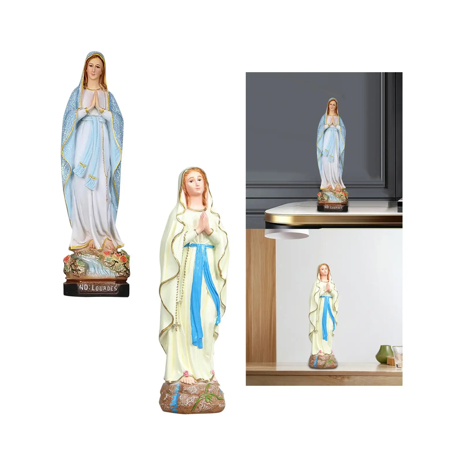 Mother Mary Figurine on Base Statues Worship Praying Religious Resin Décor for Bedroom Tabletop Living Room Home Desk