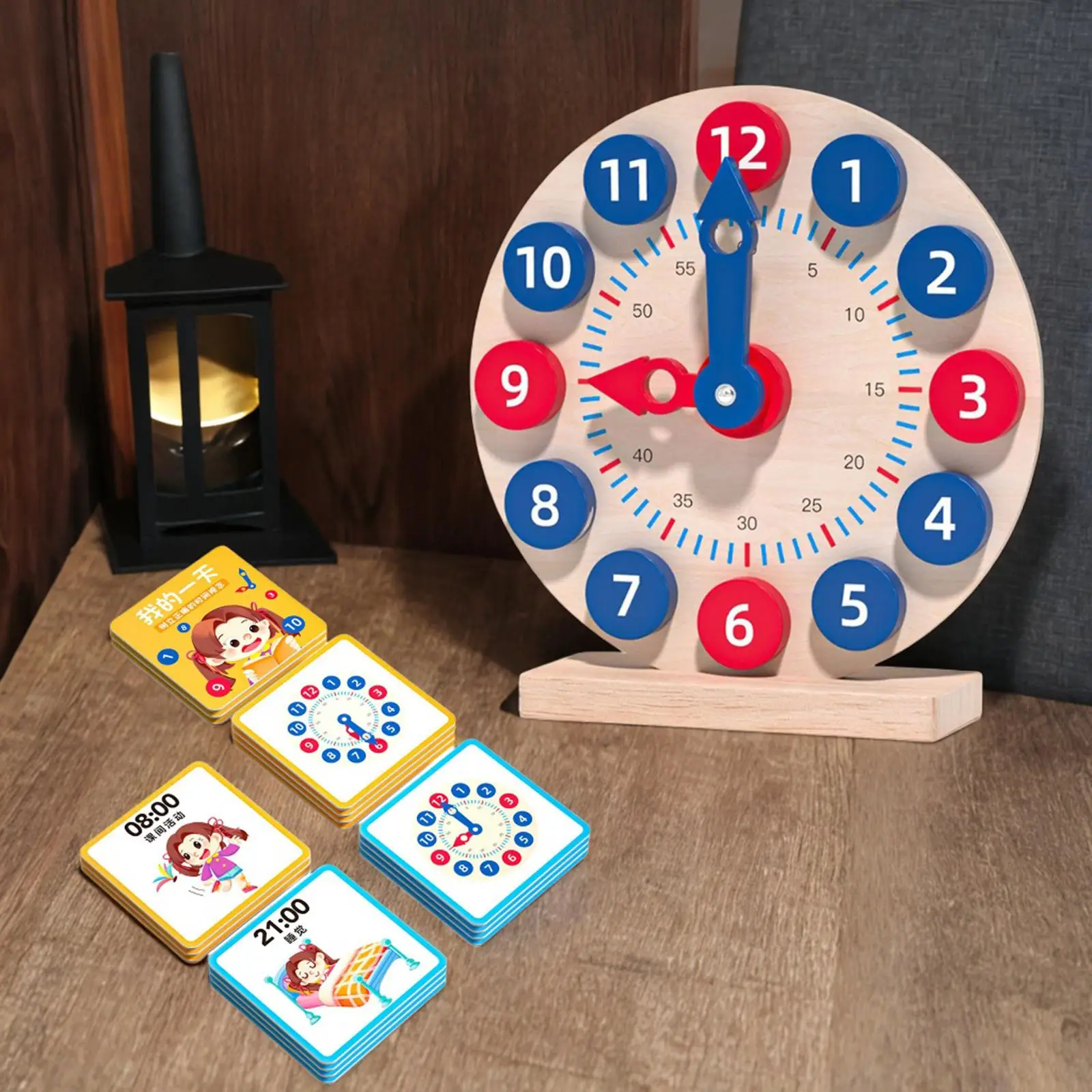 Wooden Toy Clock Learn to Tell Time Multifunctional Teaching Time 18 Reversible Time Cards for Gift Boy Girl Children