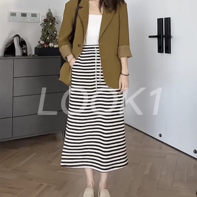 red skirt Fashion Casual Long Skirts New Women 2022 Elastic Waist Vintage Striped Skirt Spring All Match Straight Jupe Simple Ladies maxi skirt