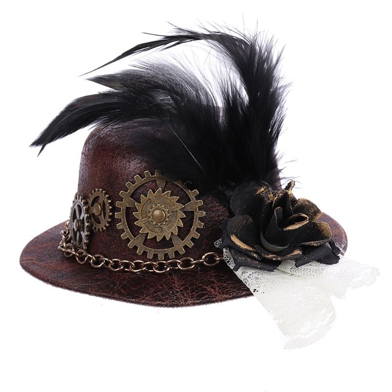 Frauen Mädchen Vintage Mini Top Hut Steampunk Haar Clip Gears Feder Goth Headwear – Detail 8