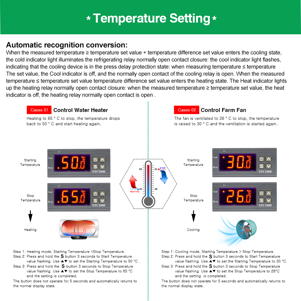 STC1000 LED Digitaler Temperaturregler AC110-220V Relais-Temperaturregler-Thermostat mit NTC-Sensor für Heizung, Gefrierschrank, Kühlschrank – Detail 5