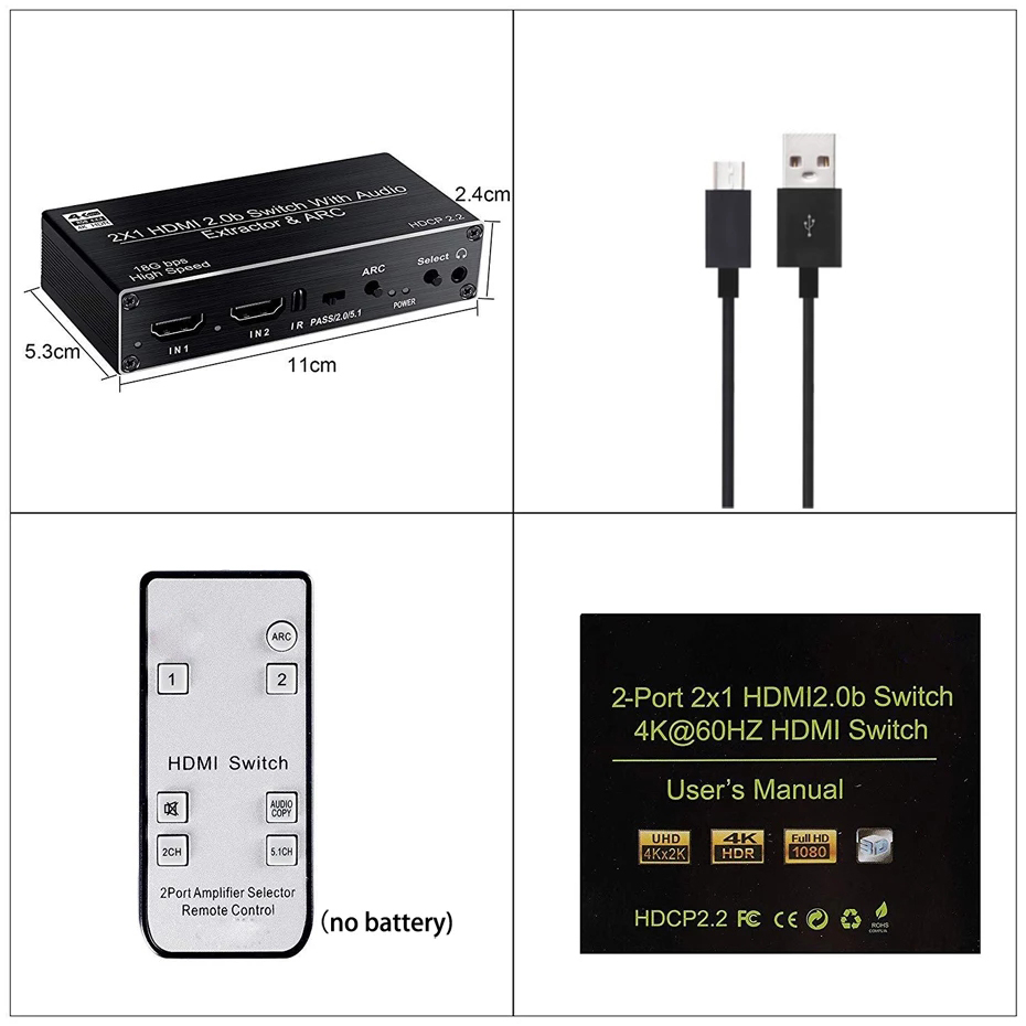 Title 6, 4K HDMI Switcher Audio Extractor 2 in 1 Out Sel...