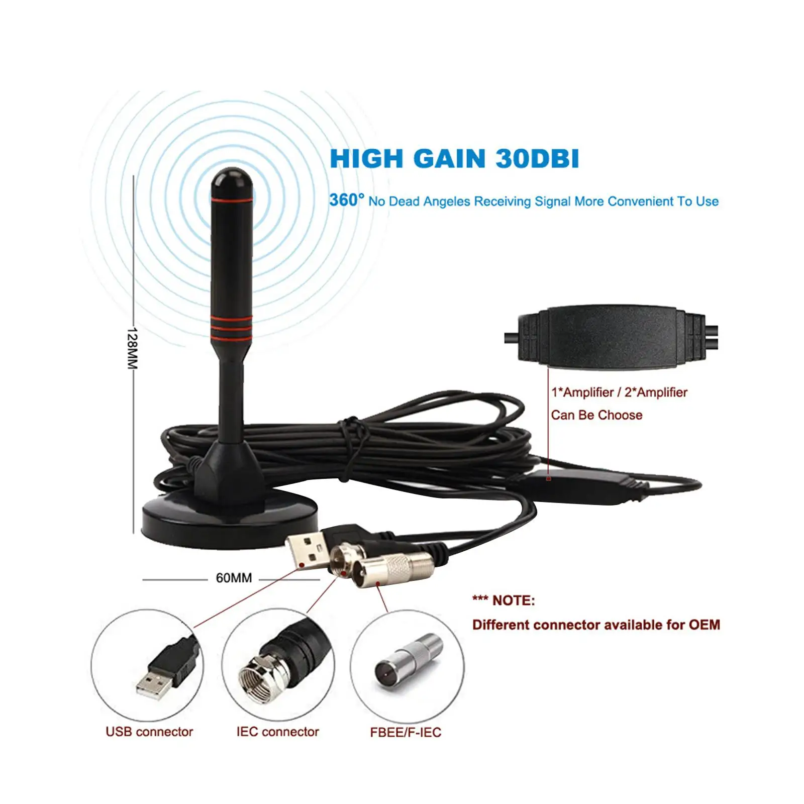 Digital Tv Indoor Antenna Lightweight USB Car Extensible TV Accessories Long Range 200 Mile for Isdb Atsc DVB-2 Dvb-t