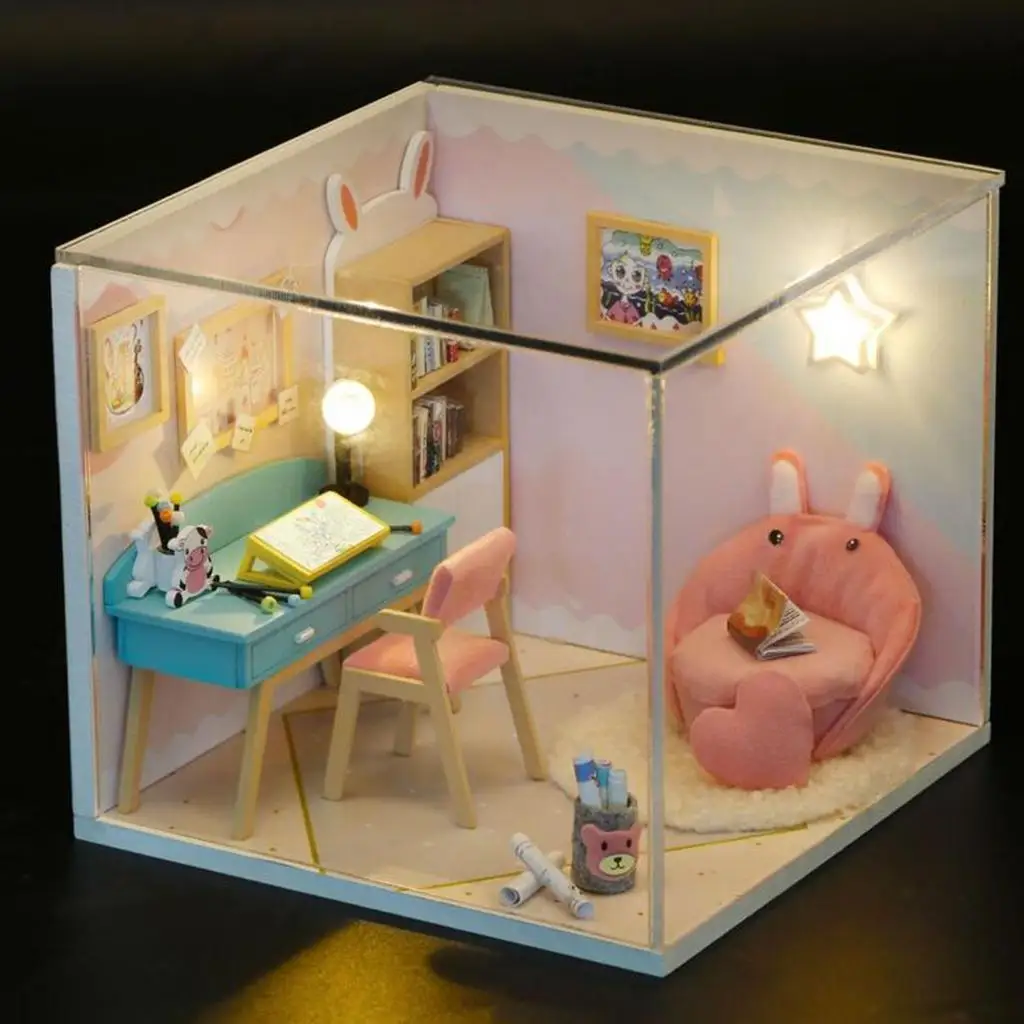 Mini DIY Wooden Dollhouse Miniature with LED Light Dollhouse Model for Kid`s