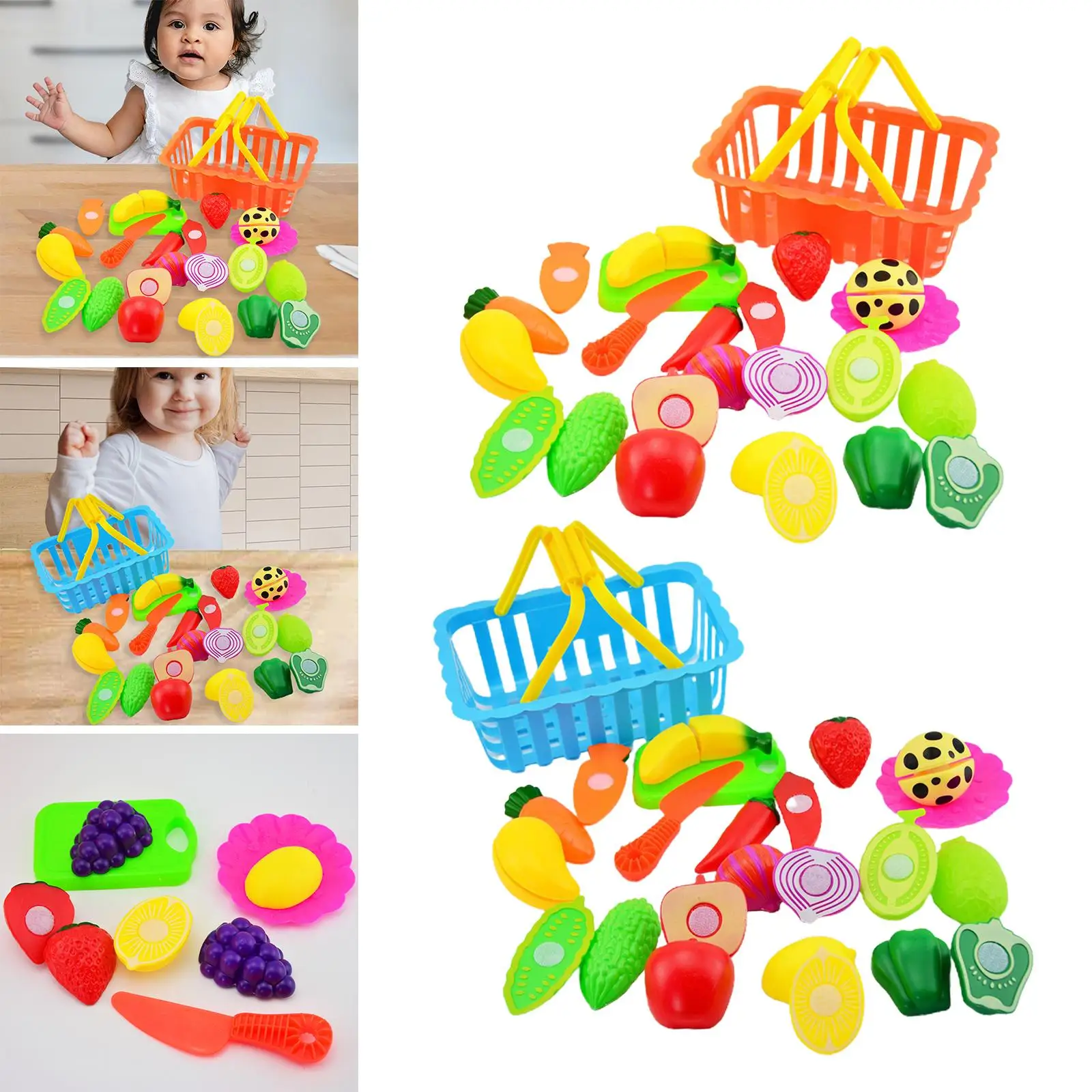 Pretend  Set Vegetables and Fruits Role  Simulation Cutting  Food for Over 3 Years Old Toddlers with Storage Basket