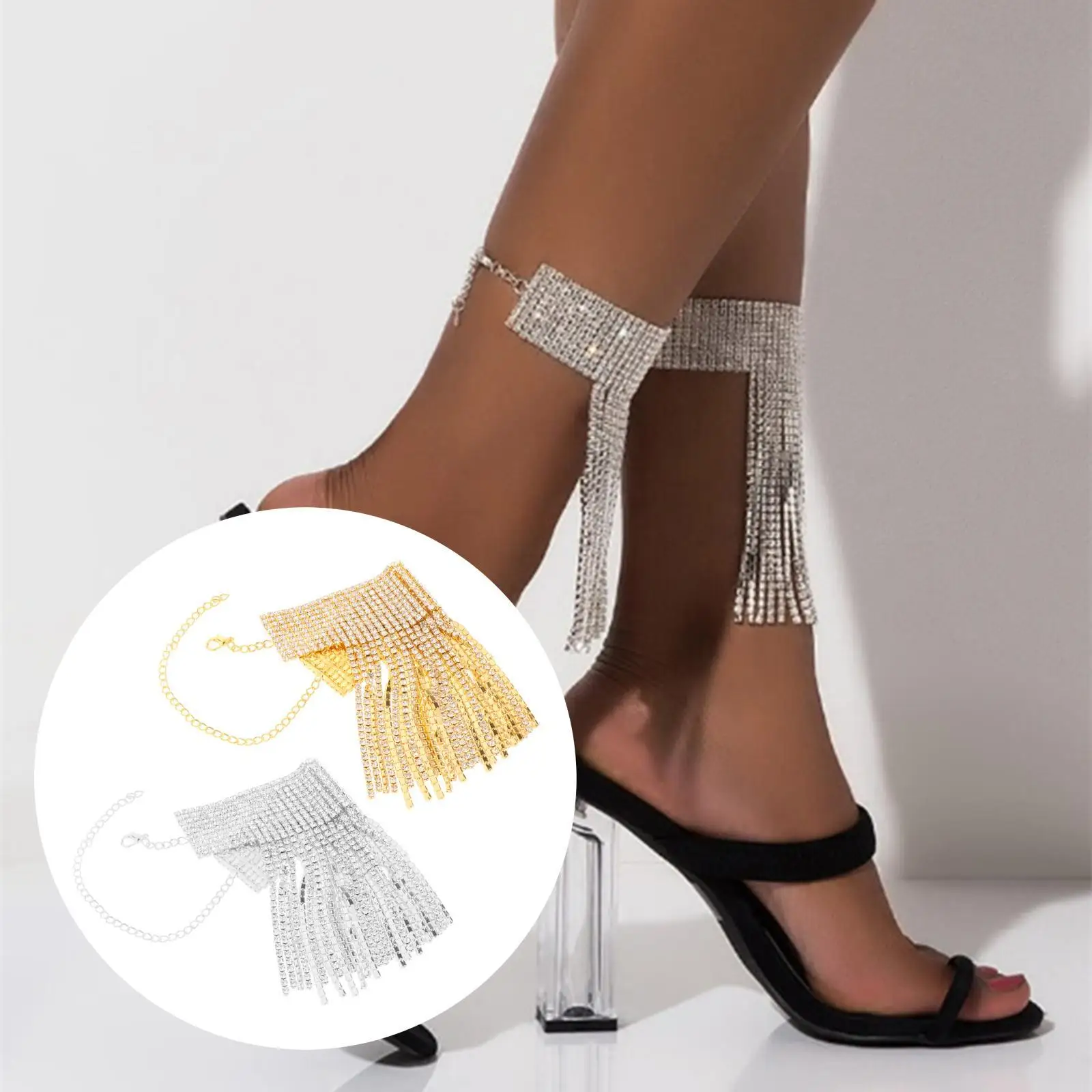 Rhinestone Ankle Bracelet Adjustable Multilayer Glitter Crystal Tassel Foot   Shoe Jewellery Crystal Dangle Foot Charm