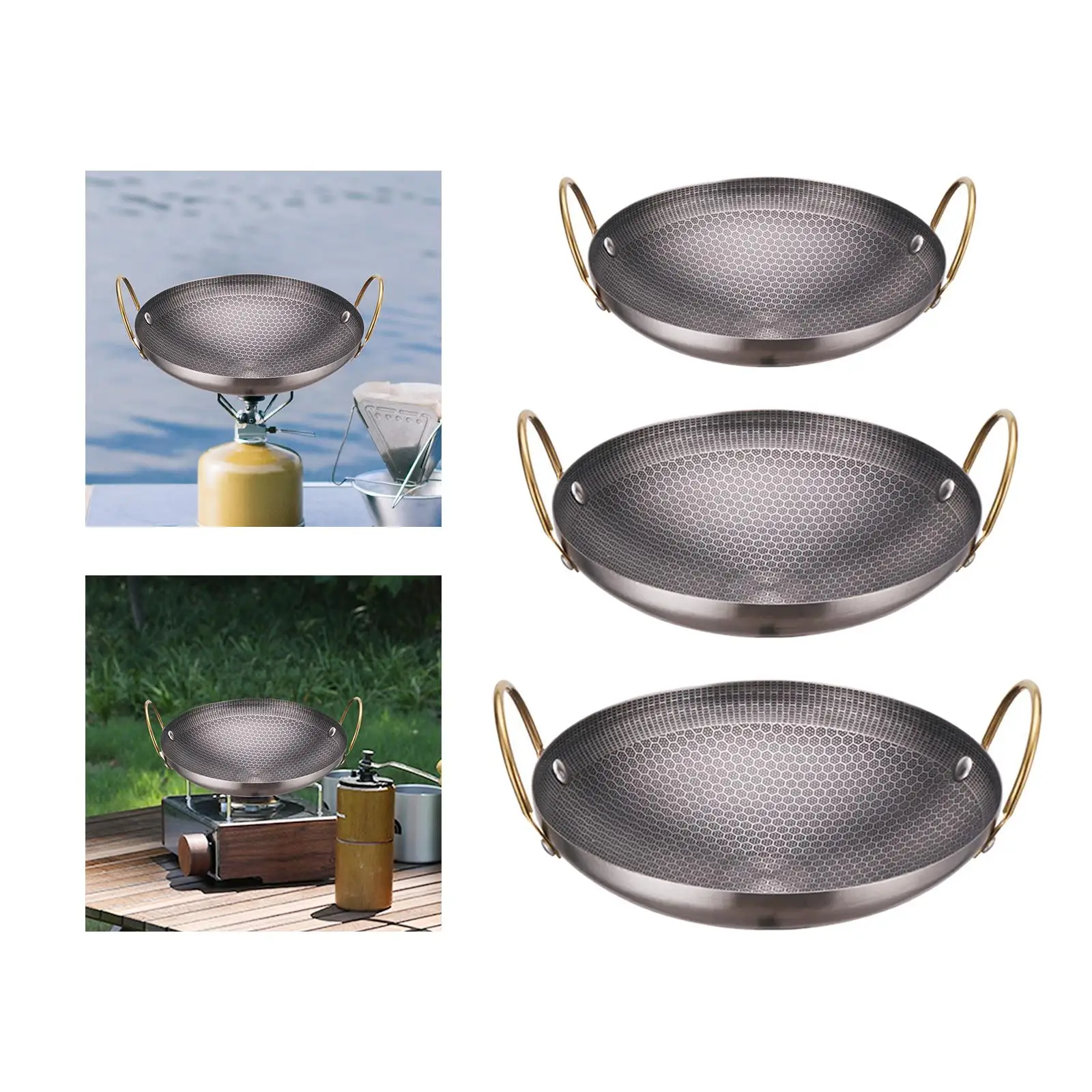 Honeycomb Textured Stainless Steel Wok Pot Kitchenware Stewpot Frying Pan Saute Pan Durable Saucepan for Outdoor Picnic Camping