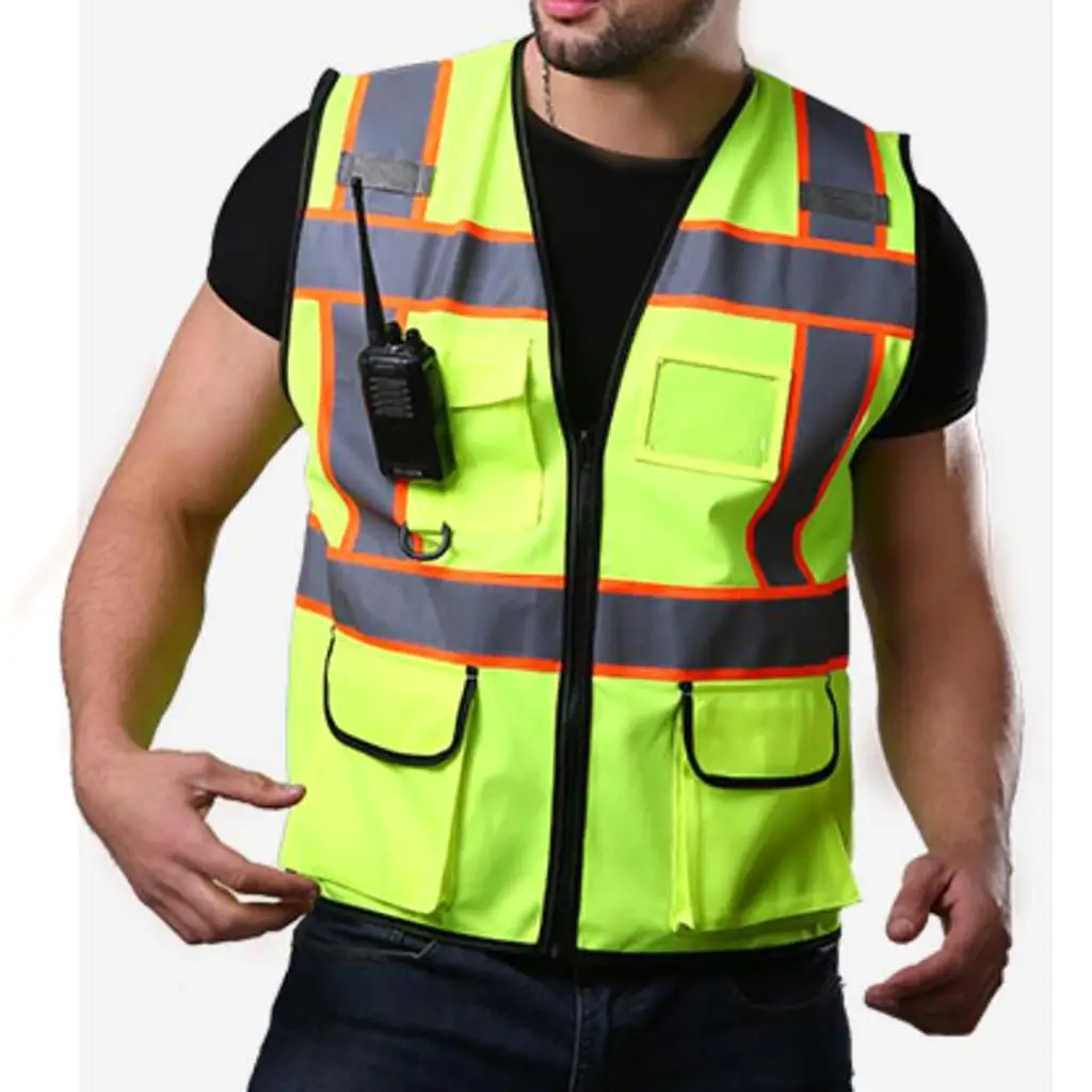 Fluorescent Yellow Security Safety Vest Reflective Strips Zipper 3 Pockets