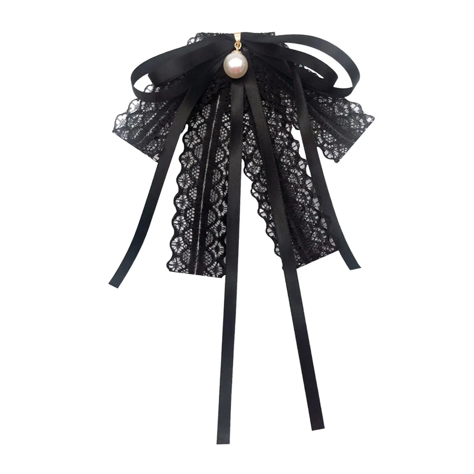 Lace Ribbon Bow Tie Pendant Broche Necklace Bowknot Clip Buckle Pearl for DIY Masquerade Costume Accessories Women Uniform
