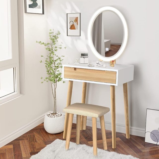 ARTETHYS Small Vanity Desk Set with 3 Adjustable Lighted Mirror and Storage  Chair, White Dressing Table