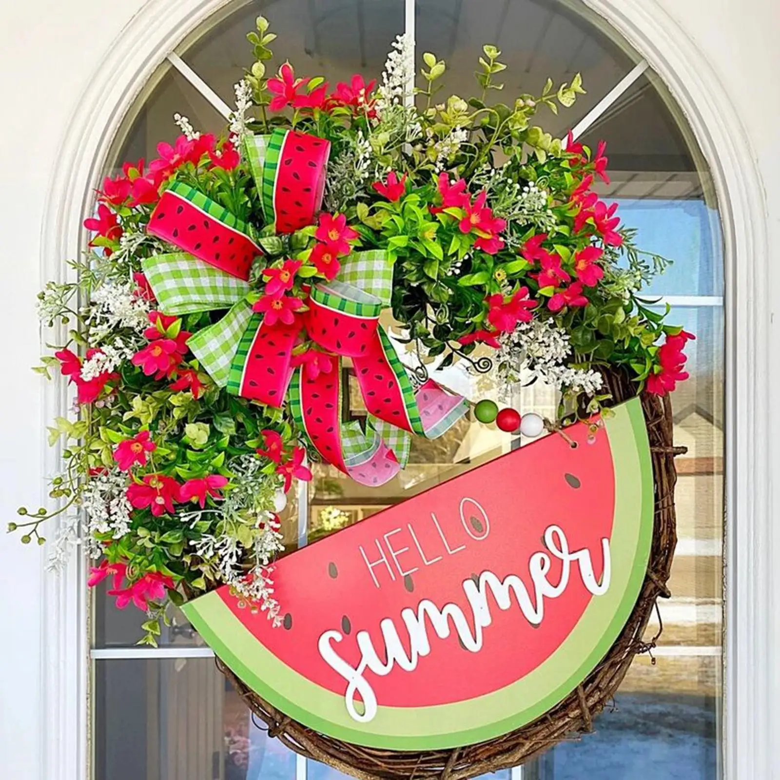 Summer Watermelon Door Sign Artificial Flower Wreath Garland Hanging Sign Plaque Watermelon Wreath for Wall Mantel Wedding Party