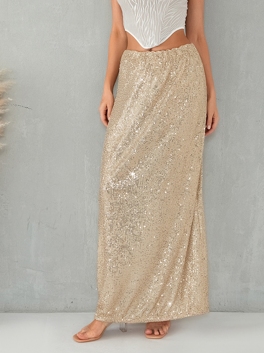 Autumn Solid Color Sequins Long Skirts Women Low Waist Party Skirts Fashion Casual Skirts Streetwear
