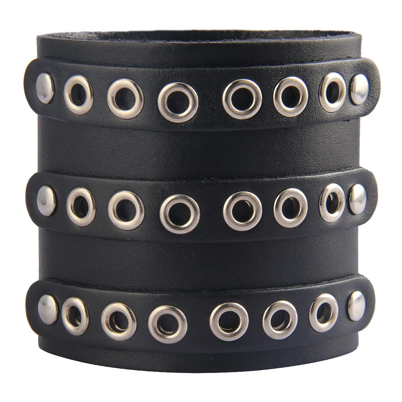 PU Leather Bracelet Three Rows of Holes Vintage Wide for Daily Party Men