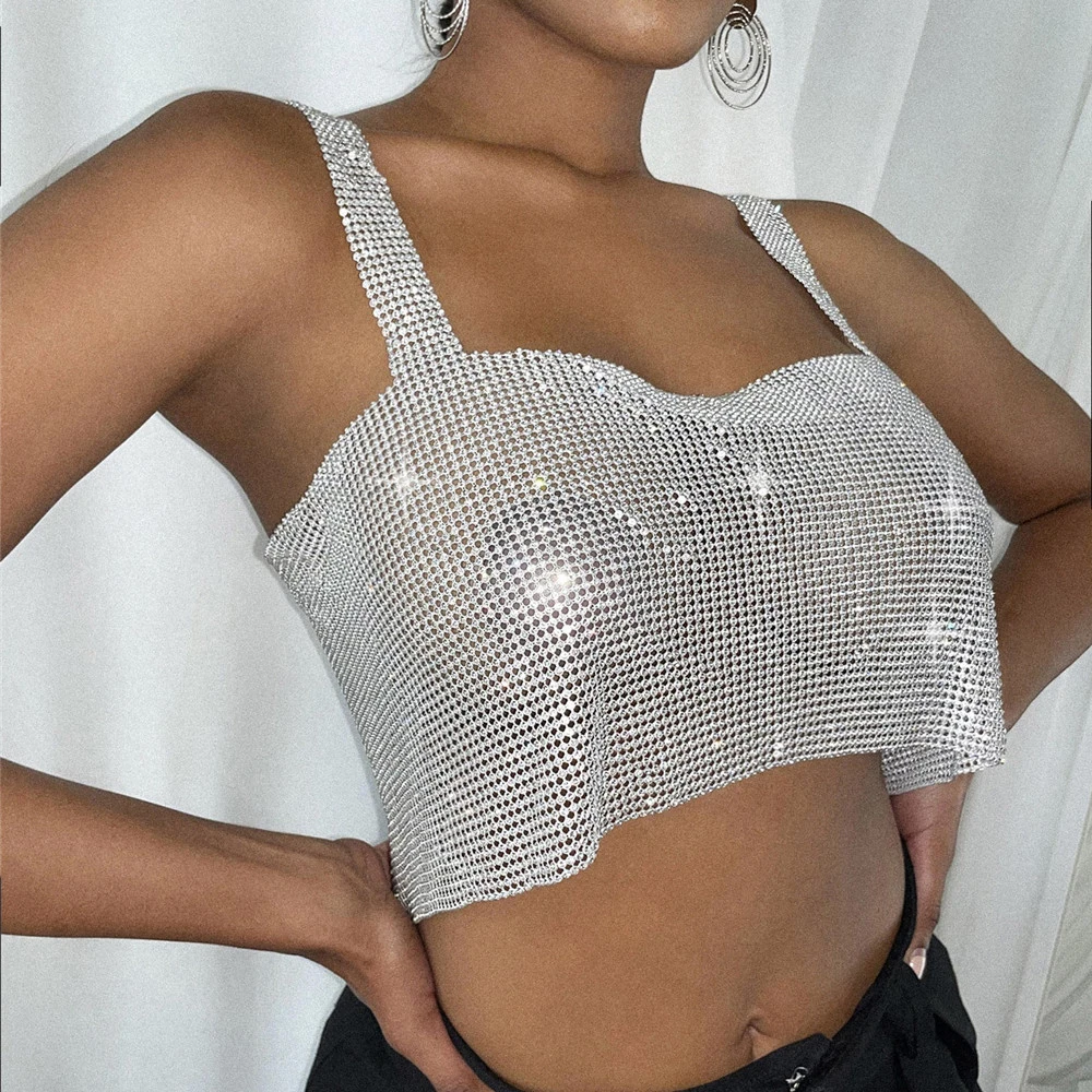 Bling Rhinestones Party Crop Top 2022 Fashion Solid Backless Straps Full Diamonds Sequins Cami Cropped Top for Women green cami