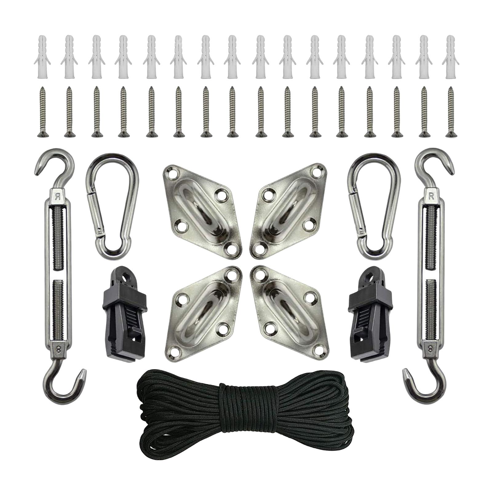 shade sail Hardware Kit 43 Pieces for Garden, Trees, Wall, Porch Metal Material Durable Sturdy Outdoor with 10M Rope