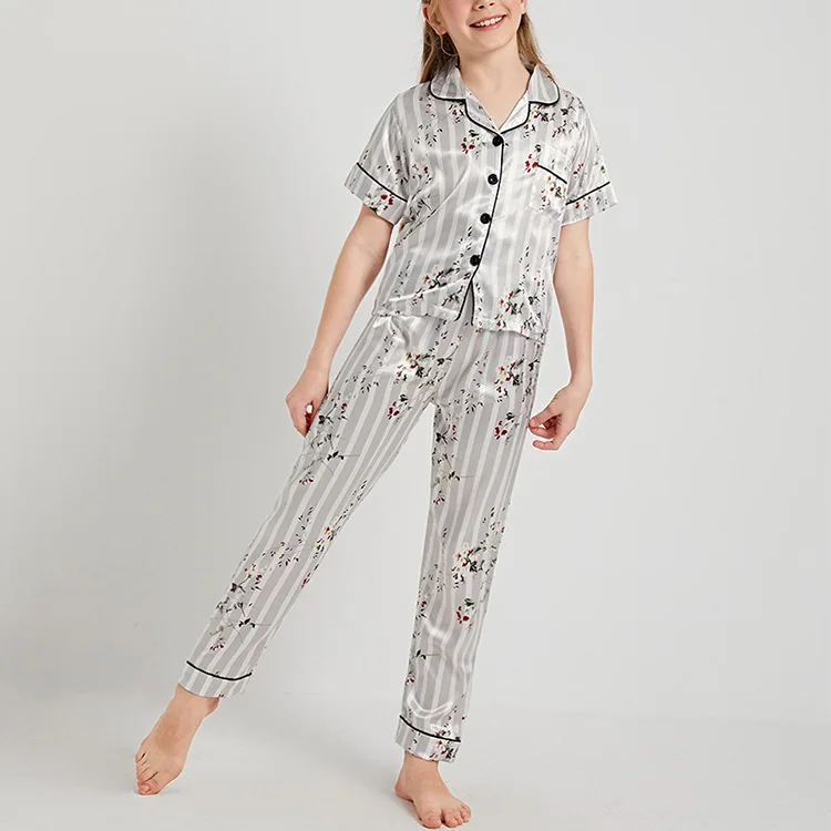 Satin Girls Pajamas Set Stripe Printed Summer Childreen Pijama 2 Pieces Short Sleeve Sleepwear Silk Gril Homewear Casual Long cotton pajama sets
