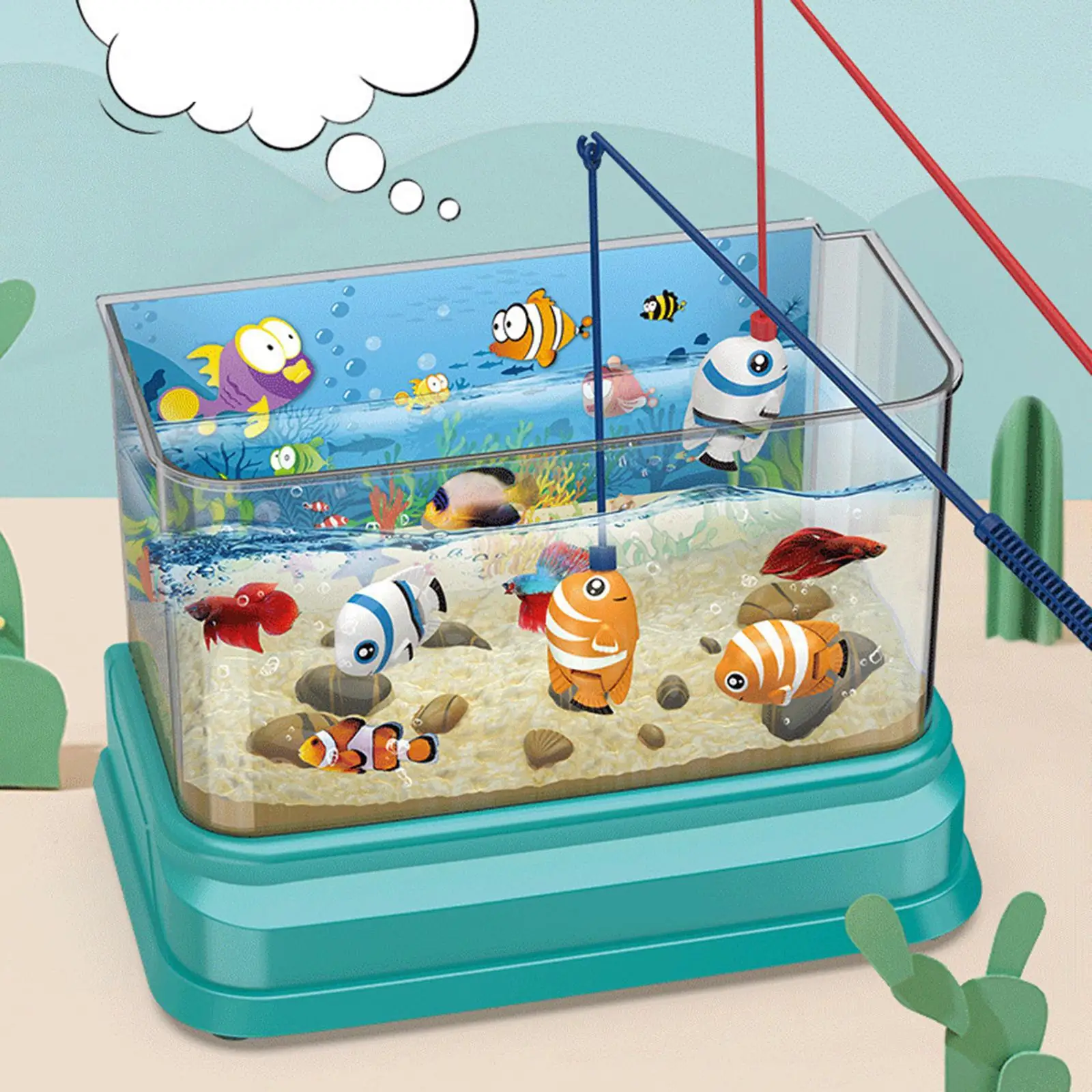 Artificial Fish Tank with Moving Music Fishing Rod Fine Motor Skill Training Small Aquarium for Toddlers Kids Children