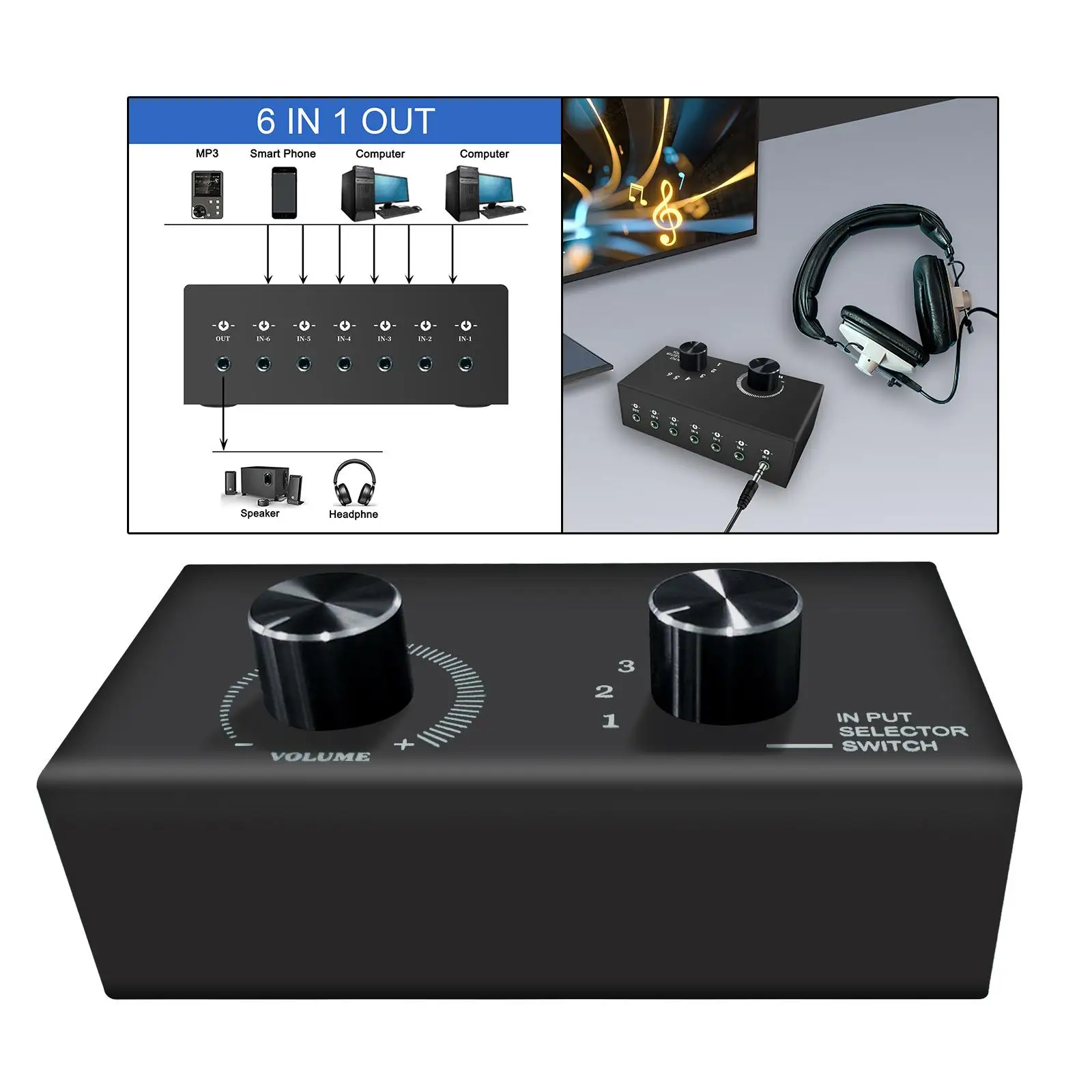 Audio Switch with 3.5mm Audio Cable 6 in 1 Out Audio Switcher Box for