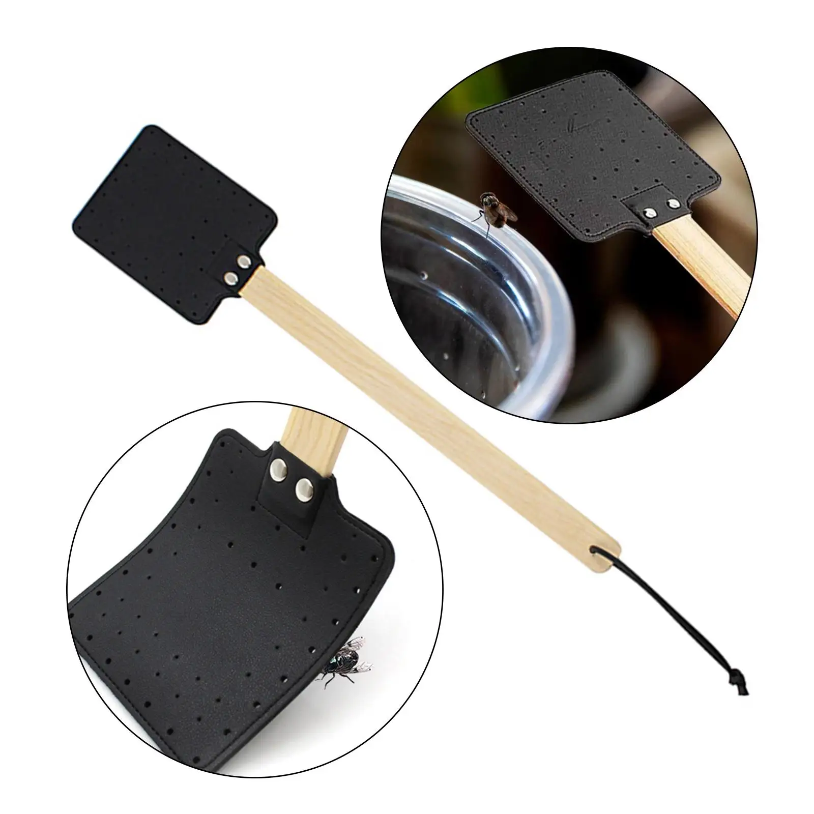PU Leather Manual Fly Swatter Wooden Handle Outdoor Household Indoor