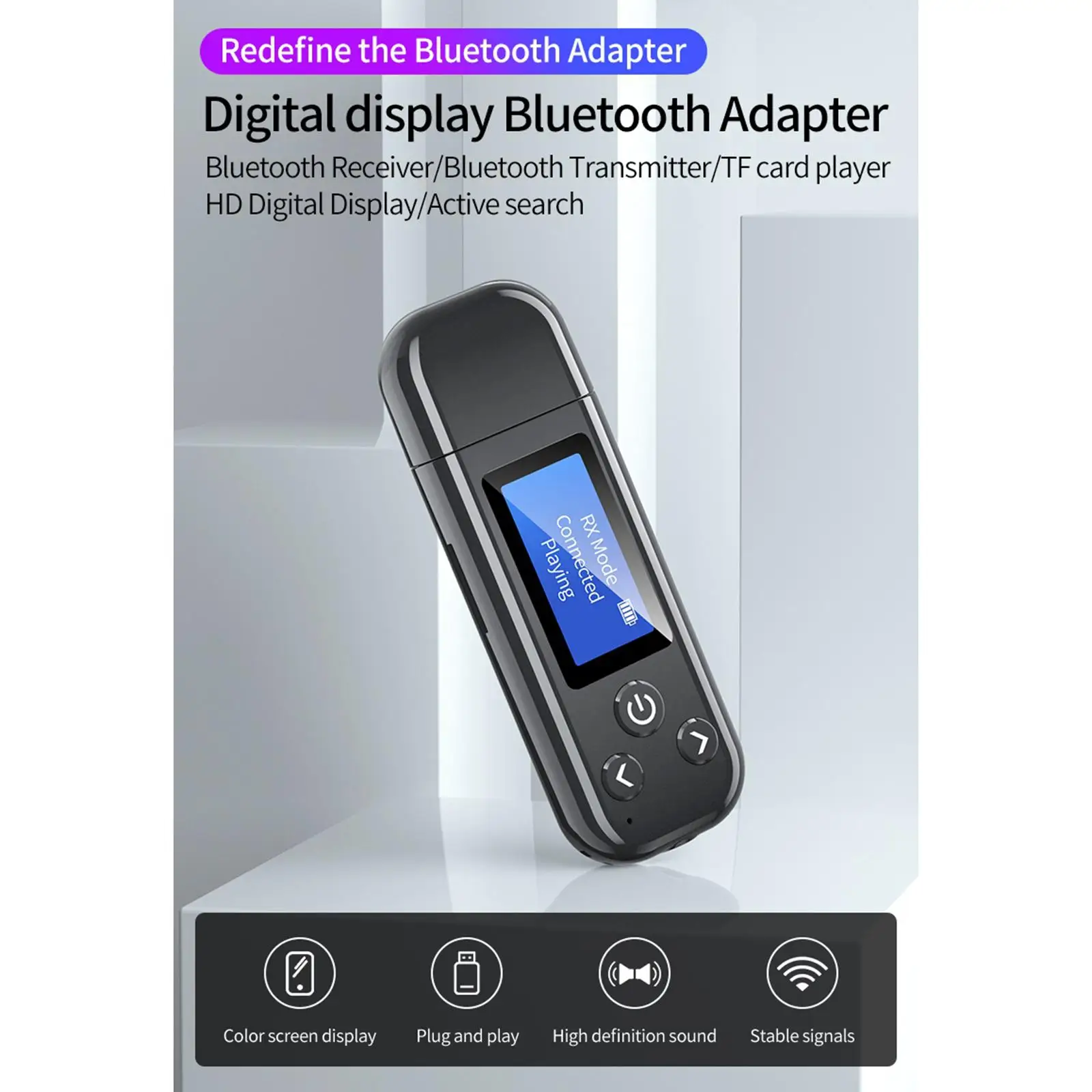  5.0 Transmitter and Receiver with LCD Display, Portable Adapter, 3.5MM Adapter for PC,TV,Headphones,Car