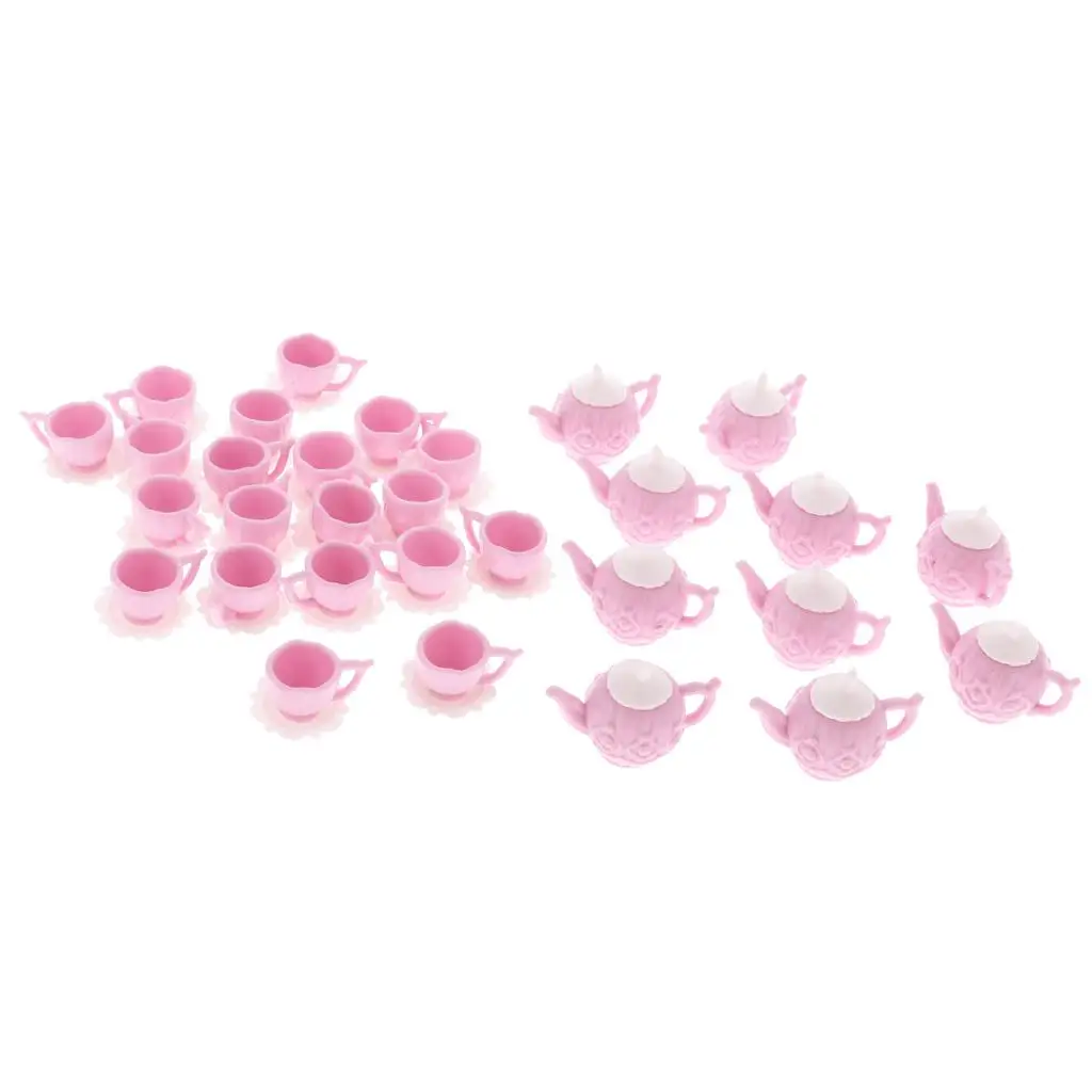 10 Sets of Dollhouse Miniature Plastic Pink Teapot with 2 Cups of Dishes