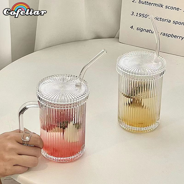 450ml Simple Stripe Coffee Glass Cup With Lid and Straw Transparent Bubble  Tea Cup Juice Glass Milk Mocha Cups Breakfast Mug - AliExpress