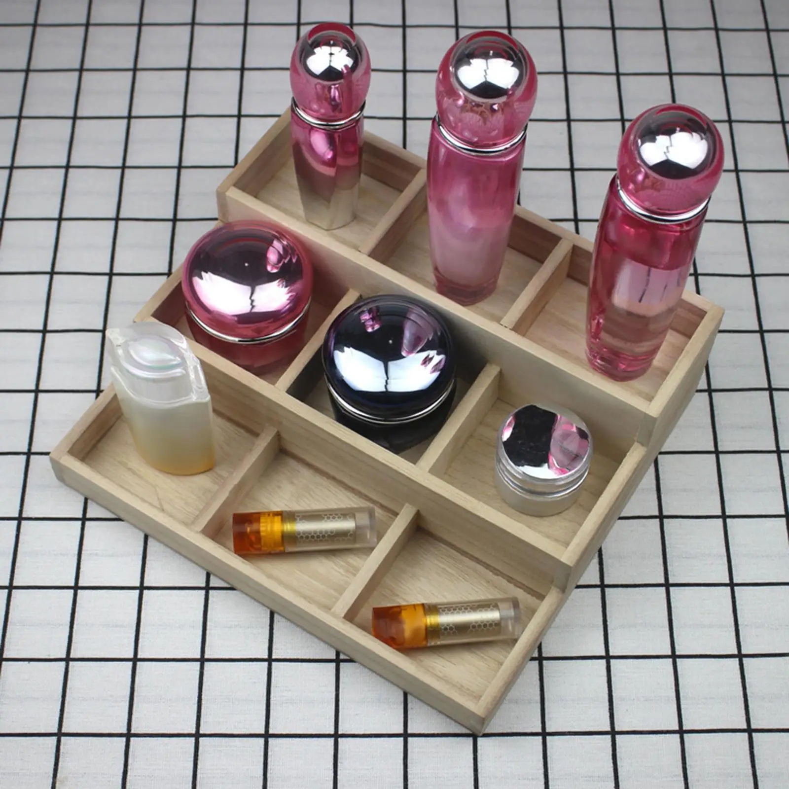 Wooden Makeup Organizer Skincare Holder Showcase with 9 Compartments Multifunctional Tabletop 9 Grid 3 Tier Makeup Brush Holder