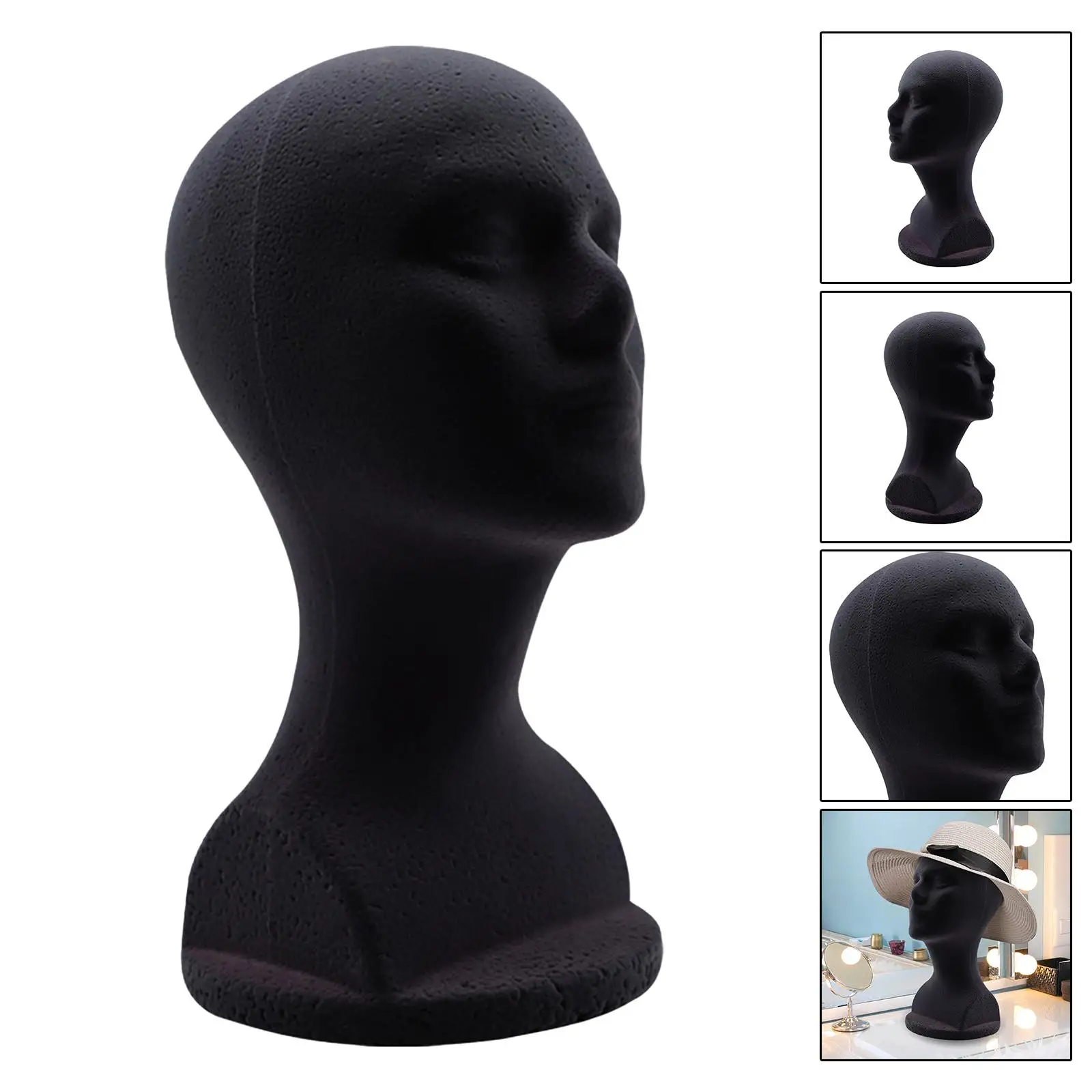 Man Styrofoam Mannequin Head Model Hat Display Stand Black 48.5cm Head Circumference Accessories 12.6 inch Tall DIY Stable Base