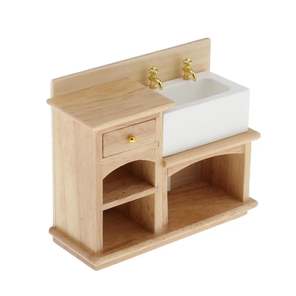  Mini Dollhouse Refrigerator Wooden Compact Dollhouse Furniture Mini Refrigerator and Wash Basin Sink for Toddler Dollhouse 