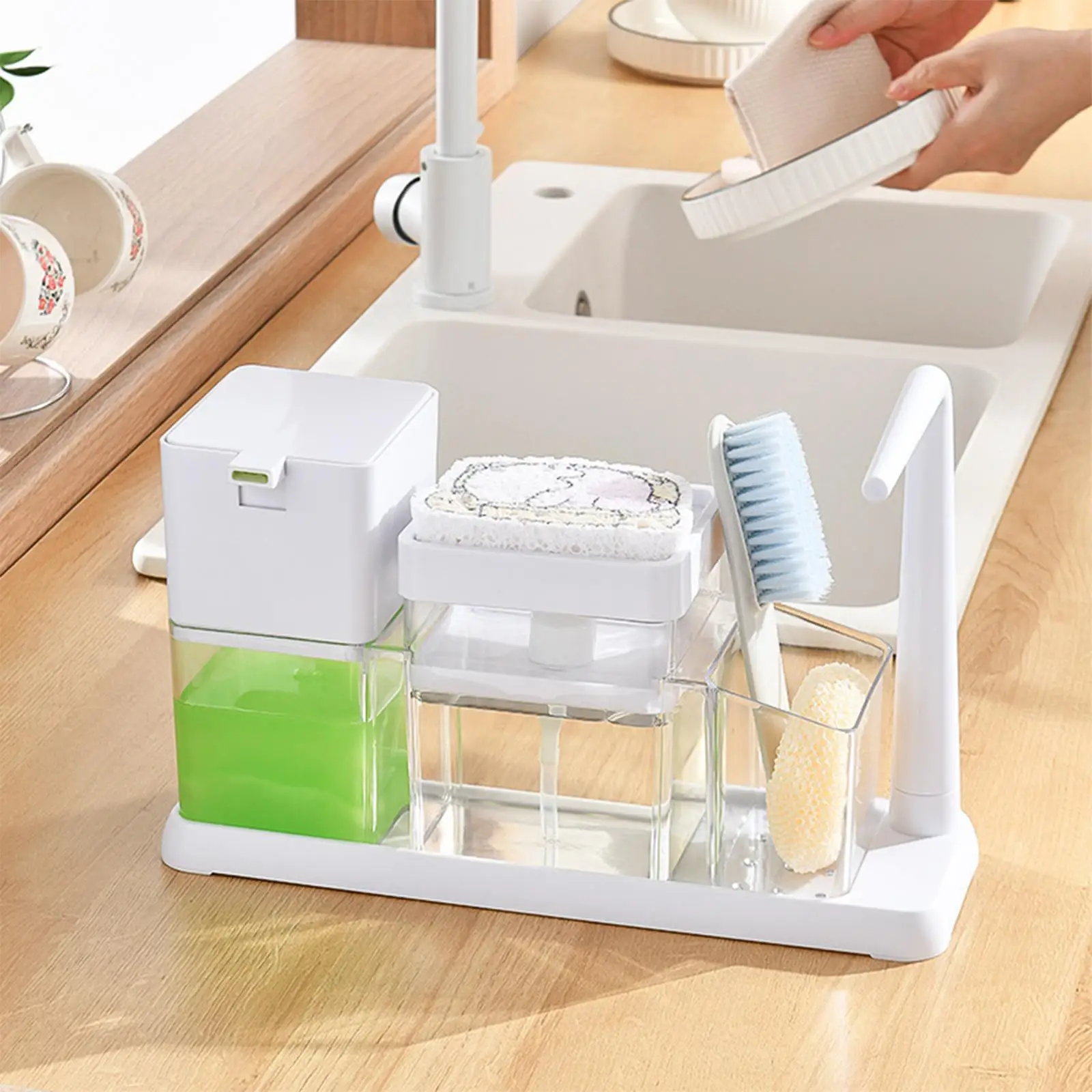 Dish Soap Dispenser Kitchen Gadgets Large Capacity Single Hand Bathroom Draining Tray with Sponge Holder Soap Pump Dispenser