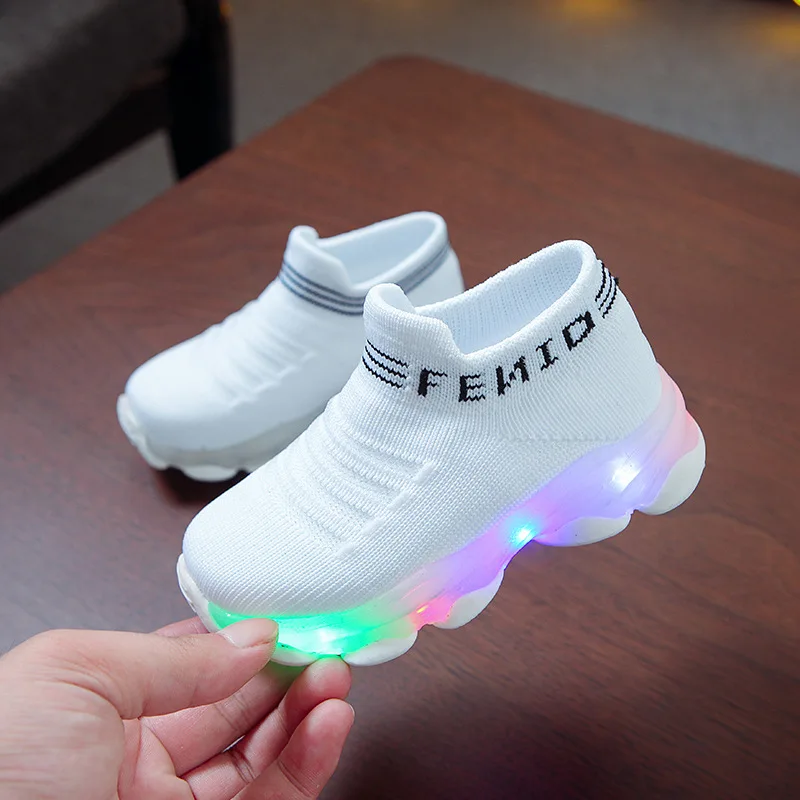 S718c7a3d95924335bae707a98b91193ai Kids Sneakers Children Baby Girls Boys Letter Mesh Led Luminous Socks Sport Run Sneakers Shoes Sapato Infantil Light Up Shoes